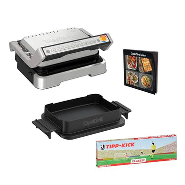 Tefal OptiGrill 4-in-1 Tipp-Kick Edition Contact Grill, Grill/BBQ/Oven/Complete Meal, 9 Automatic Programs, Includes Baking Tray and Tipp-Kick Game, Silver, GC774D.TK on Sale